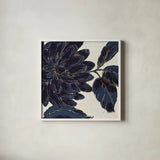 Indigo Garden I by Daphne Brissonnet. Shown in a crisp white glass frame for a clean and minimalist style. Available as an archival giclee rolled canvas, fine art paper, or poster print. SKU 17327a.