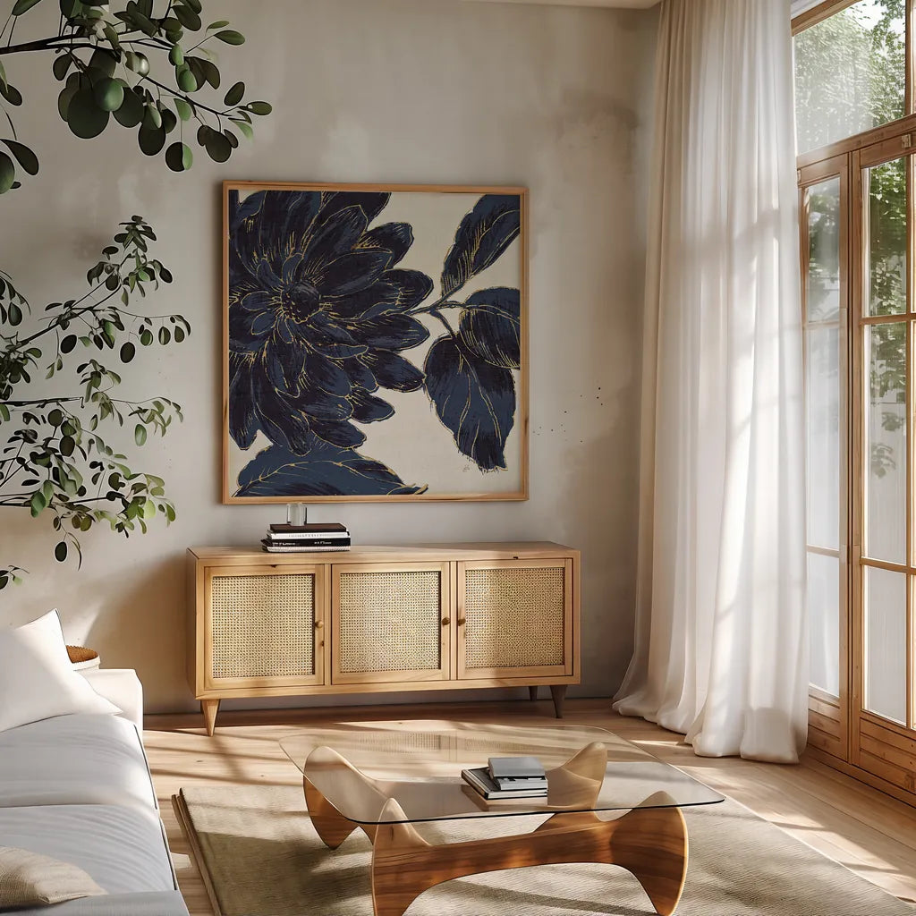 Indigo Garden I by Daphne Brissonnet. Shown in a natural wood frame in a cozy modern living room. Available as an archival giclee rolled canvas, fine art paper, or poster print. SKU 17327a.