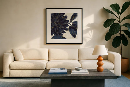 Indigo Garden I by Daphne Brissonnet. Displayed in a glass frame with matte in a clean modern living room. Available as an archival giclee rolled canvas, fine art paper, or poster print. SKU 17327a.