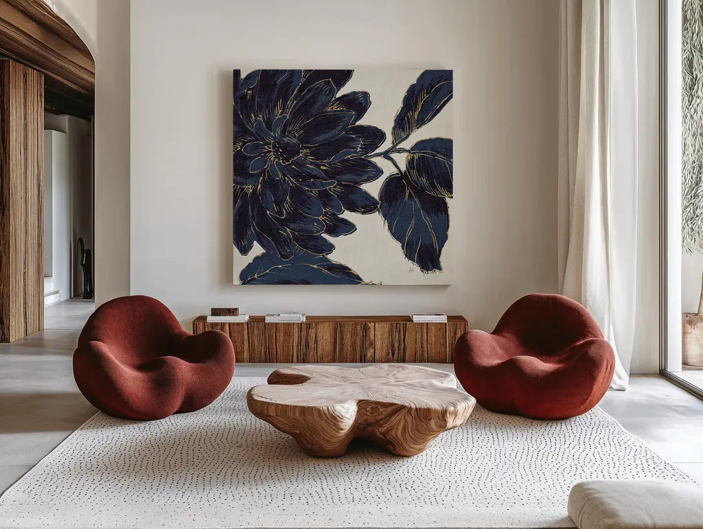 Indigo Garden I by Daphne Brissonnet. Shown as extra-large giant wall art in a modern living room. Available as an archival giclee rolled canvas, fine art paper, or poster print. SKU 17327a.