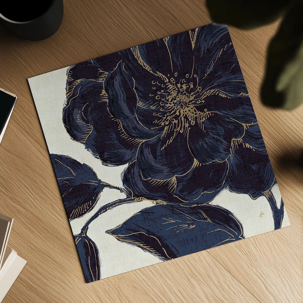 Indigo Garden II by Daphne Brissonnet. Shown as a detailed flat fine art print, highlighting archival giclee quality. Available as an archival giclee rolled canvas, fine art paper, or poster print. SKU 17328a.