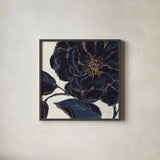 Indigo Garden II by Daphne Brissonnet. Shown in a sleek black glass frame for a contemporary gallery look. Available as an archival giclee rolled canvas, fine art paper, or poster print. SKU 17328a.