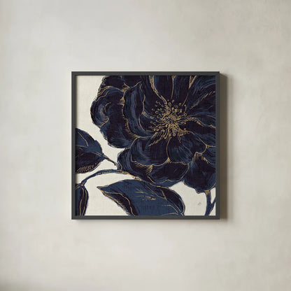 Indigo Garden II by Daphne Brissonnet. Shown in a sleek black glass frame for a contemporary gallery look. Available as an archival giclee rolled canvas, fine art paper, or poster print. SKU 17328a.