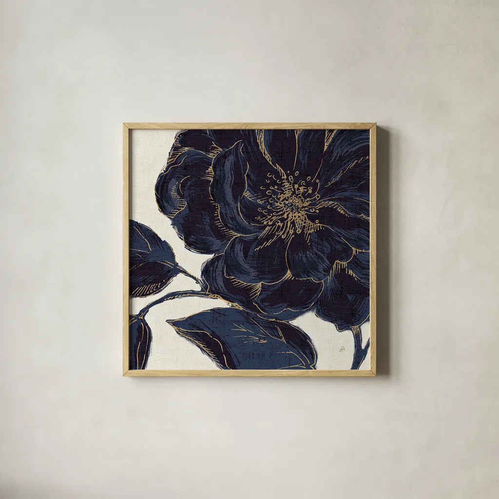 Indigo Garden II by Daphne Brissonnet. Shown in a natural wood glass frame for a timeless modern aesthetic. Available as an archival giclee rolled canvas, fine art paper, or poster print. SKU 17328a.