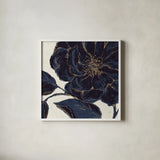 Indigo Garden II by Daphne Brissonnet. Shown in a crisp white glass frame for a clean and minimalist style. Available as an archival giclee rolled canvas, fine art paper, or poster print. SKU 17328a.