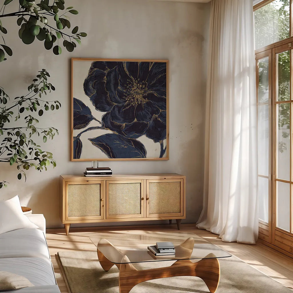 Indigo Garden II by Daphne Brissonnet. Shown in a natural wood frame in a cozy modern living room. Available as an archival giclee rolled canvas, fine art paper, or poster print. SKU 17328a.