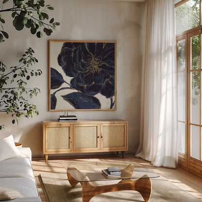 Indigo Garden II by Daphne Brissonnet. Shown in a natural wood frame in a cozy modern living room. Available as an archival giclee rolled canvas, fine art paper, or poster print. SKU 17328a.