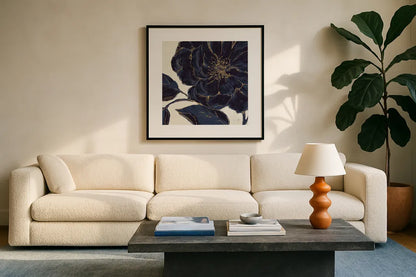Indigo Garden II by Daphne Brissonnet. Displayed in a glass frame with matte in a clean modern living room. Available as an archival giclee rolled canvas, fine art paper, or poster print. SKU 17328a.