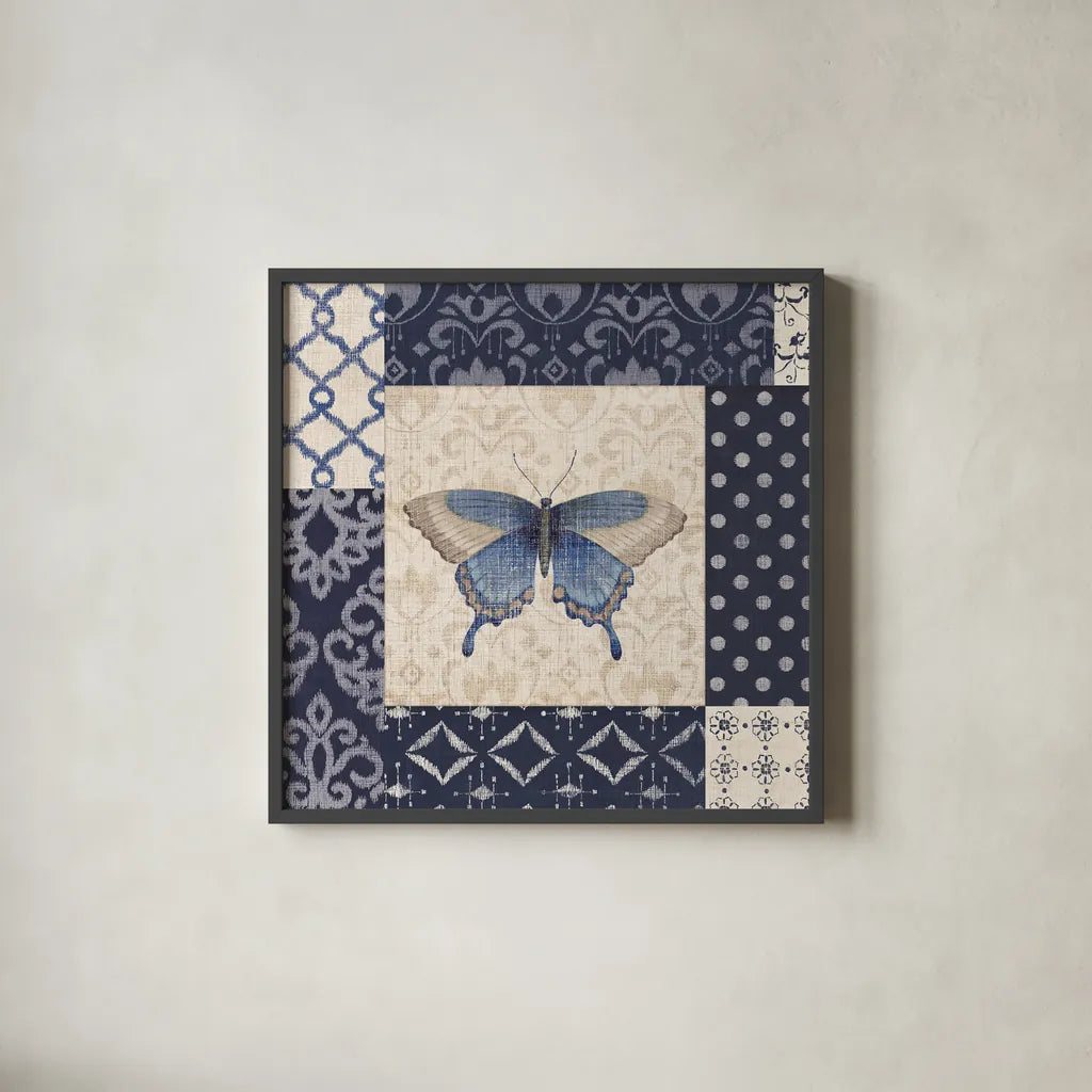 Indigo Nature I by Daphne Brissonnet. Shown in a sleek black glass frame for a contemporary gallery look. Available as an archival giclee rolled canvas, fine art paper, or poster print. SKU 11860a.