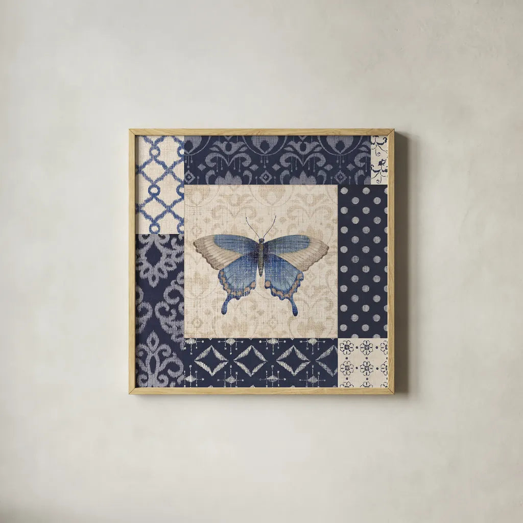 Indigo Nature I by Daphne Brissonnet. Shown in a natural wood glass frame for a timeless modern aesthetic. Available as an archival giclee rolled canvas, fine art paper, or poster print. SKU 11860a.