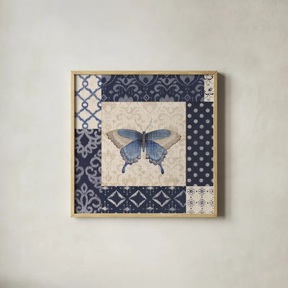 Indigo Nature I by Daphne Brissonnet. Shown in a natural wood glass frame for a timeless modern aesthetic. Available as an archival giclee rolled canvas, fine art paper, or poster print. SKU 11860a.