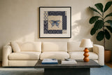 Indigo Nature I by Daphne Brissonnet. Displayed in a glass frame with matte in a clean modern living room. Available as an archival giclee rolled canvas, fine art paper, or poster print. SKU 11860a.