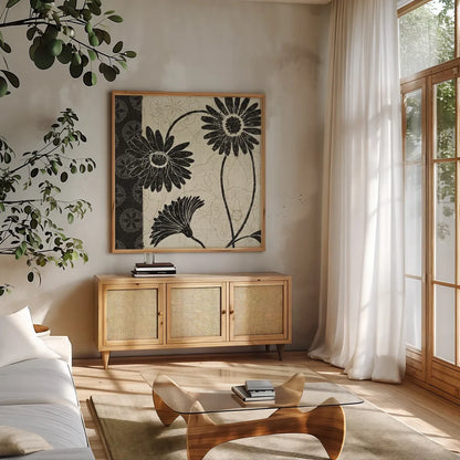 Influence I by Daphne Brissonnet. Shown in a natural wood frame in a cozy modern living room. Available as an archival giclee rolled canvas, fine art paper, or poster print. SKU 6566a.