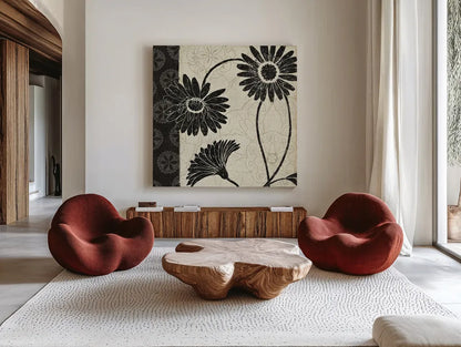 Influence I by Daphne Brissonnet. Shown as extra-large giant wall art in a modern living room. Available as an archival giclee rolled canvas, fine art paper, or poster print. SKU 6566a.