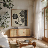 Influence II by Daphne Brissonnet. Shown in a natural wood frame in a cozy modern living room. Available as an archival giclee rolled canvas, fine art paper, or poster print. SKU 6567a.