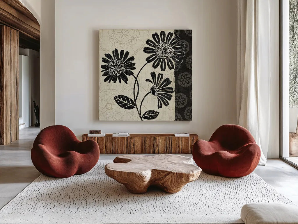 Influence II by Daphne Brissonnet. Shown as extra-large giant wall art in a modern living room. Available as an archival giclee rolled canvas, fine art paper, or poster print. SKU 6567a.