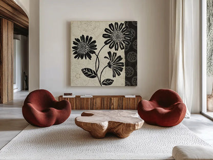 Influence II by Daphne Brissonnet. Shown as extra-large giant wall art in a modern living room. Available as an archival giclee rolled canvas, fine art paper, or poster print. SKU 6567a.