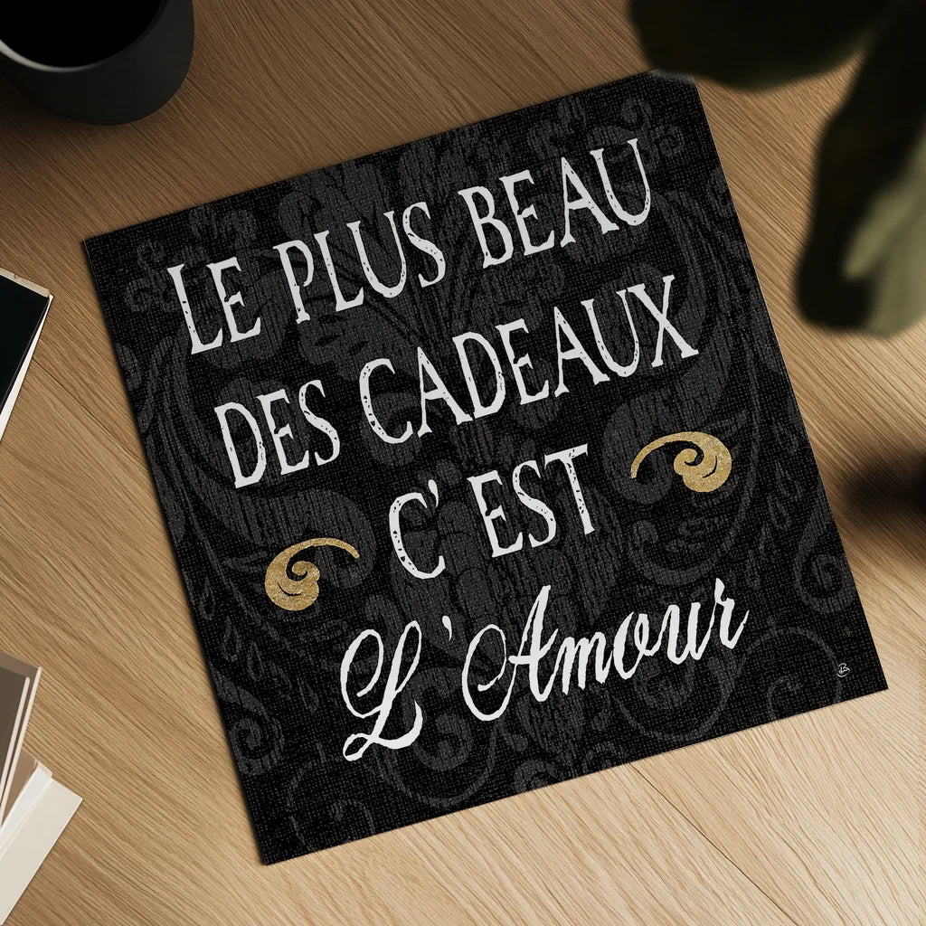 Inspirational Collage I French on Black by Daphne Brissonnet. Shown as a detailed flat fine art print, highlighting archival giclee quality. Available as an archival giclee rolled canvas, fine art paper, or poster print. SKU 28847a.