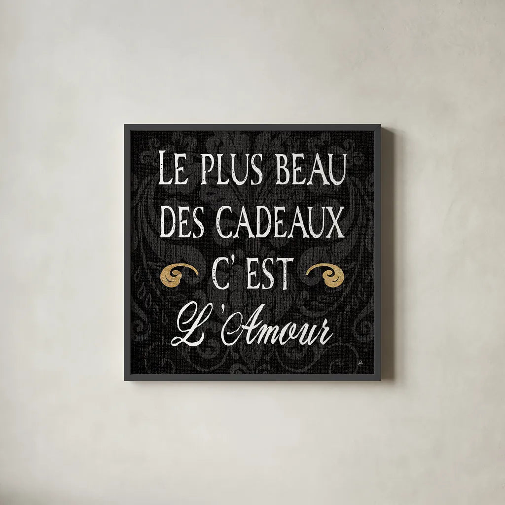 Inspirational Collage I French on Black by Daphne Brissonnet. Shown in a sleek black glass frame for a contemporary gallery look. Available as an archival giclee rolled canvas, fine art paper, or poster print. SKU 28847a.