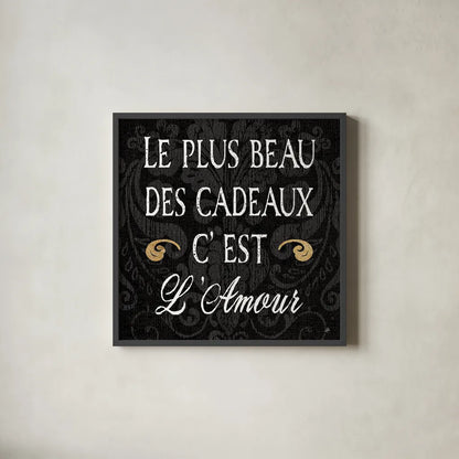 Inspirational Collage I French on Black by Daphne Brissonnet. Shown in a sleek black glass frame for a contemporary gallery look. Available as an archival giclee rolled canvas, fine art paper, or poster print. SKU 28847a.