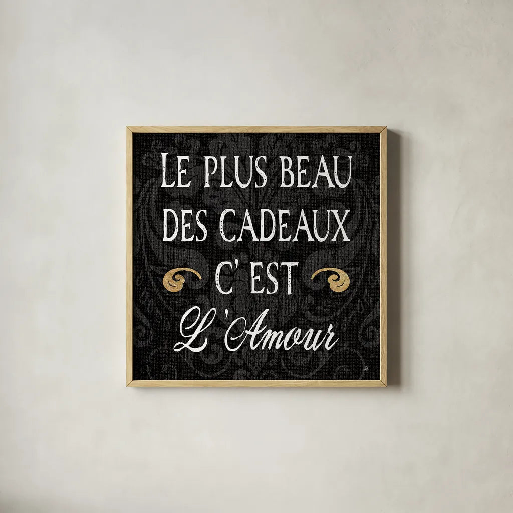 Inspirational Collage I French on Black by Daphne Brissonnet. Shown in a natural wood glass frame for a timeless modern aesthetic. Available as an archival giclee rolled canvas, fine art paper, or poster print. SKU 28847a.
