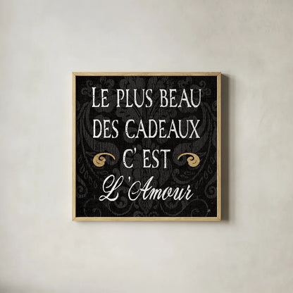 Inspirational Collage I French on Black by Daphne Brissonnet. Shown in a natural wood glass frame for a timeless modern aesthetic. Available as an archival giclee rolled canvas, fine art paper, or poster print. SKU 28847a.