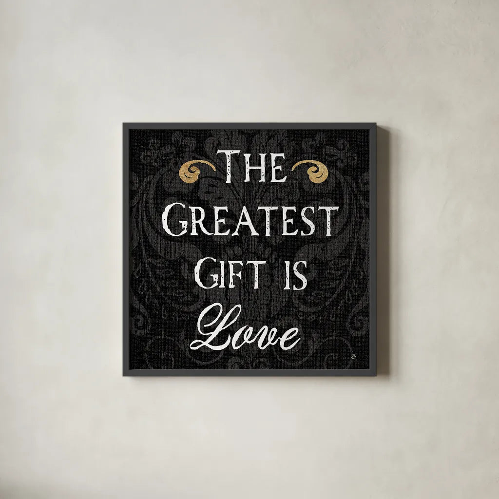 Inspirational Collage I on Black by Daphne Brissonnet. Shown in a sleek black glass frame for a contemporary gallery look. Available as an archival giclee rolled canvas, fine art paper, or poster print. SKU 28604a.