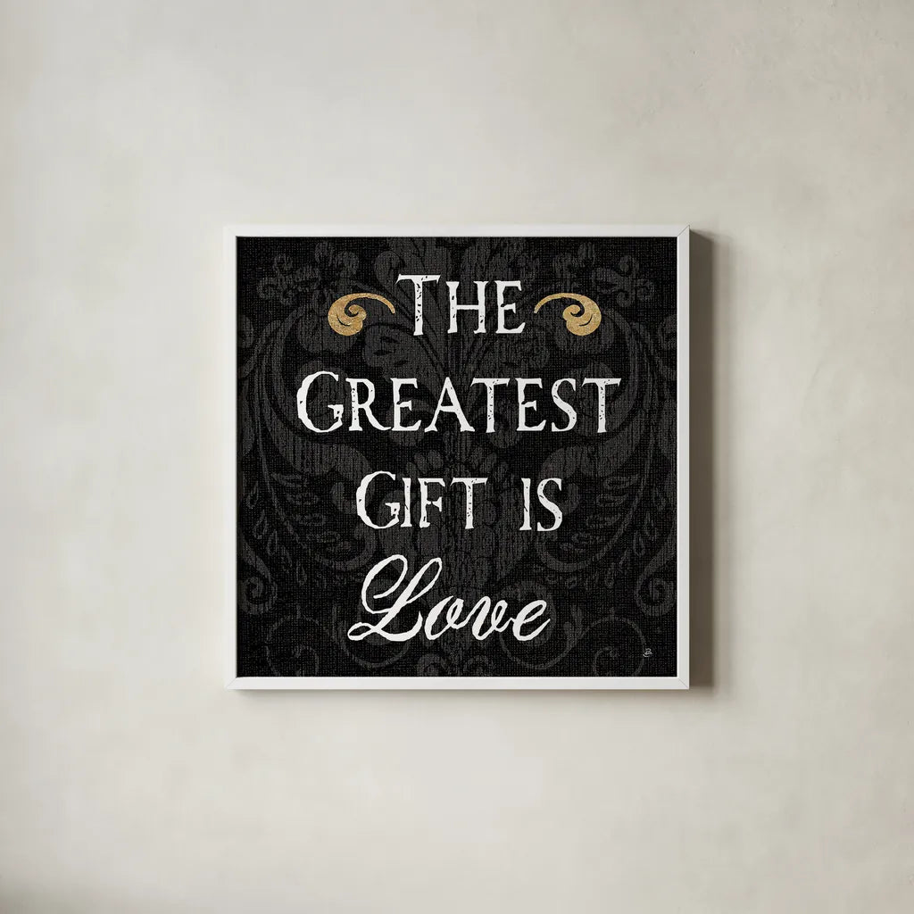 Inspirational Collage I on Black by Daphne Brissonnet. Shown in a crisp white glass frame for a clean and minimalist style. Available as an archival giclee rolled canvas, fine art paper, or poster print. SKU 28604a.