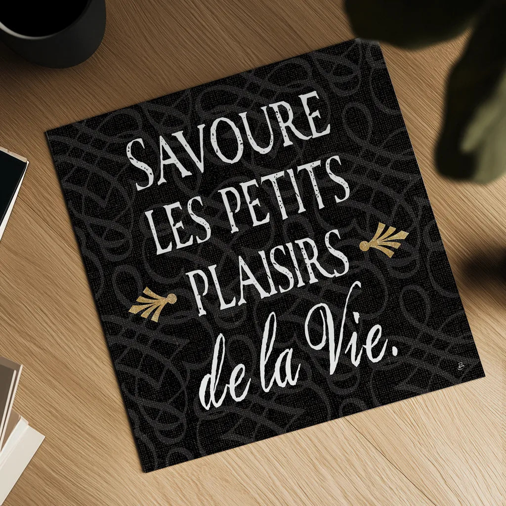 Inspirational Collage II French on Black by Daphne Brissonnet. Shown as a detailed flat fine art print, highlighting archival giclee quality. Available as an archival giclee rolled canvas, fine art paper, or poster print. SKU 28848a.