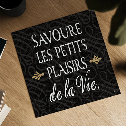 Inspirational Collage II French on Black by Daphne Brissonnet. Shown as a detailed flat fine art print, highlighting archival giclee quality. Available as an archival giclee rolled canvas, fine art paper, or poster print. SKU 28848a.