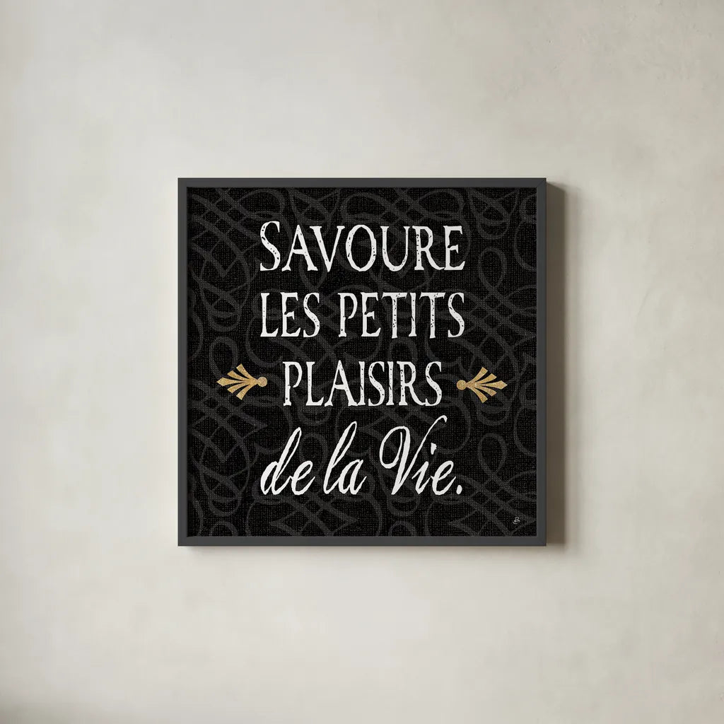 Inspirational Collage II French on Black by Daphne Brissonnet. Shown in a sleek black glass frame for a contemporary gallery look. Available as an archival giclee rolled canvas, fine art paper, or poster print. SKU 28848a.