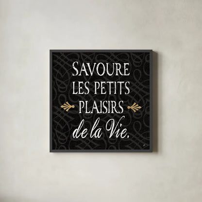 Inspirational Collage II French on Black by Daphne Brissonnet. Shown in a sleek black glass frame for a contemporary gallery look. Available as an archival giclee rolled canvas, fine art paper, or poster print. SKU 28848a.