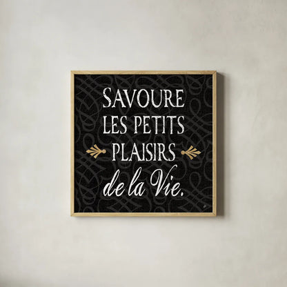 Inspirational Collage II French on Black by Daphne Brissonnet. Shown in a natural wood glass frame for a timeless modern aesthetic. Available as an archival giclee rolled canvas, fine art paper, or poster print. SKU 28848a.
