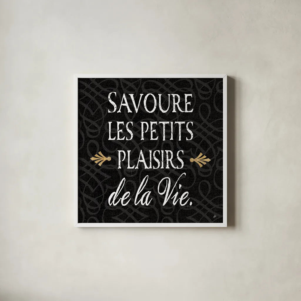 Inspirational Collage II French on Black by Daphne Brissonnet. Shown in a crisp white glass frame for a clean and minimalist style. Available as an archival giclee rolled canvas, fine art paper, or poster print. SKU 28848a.