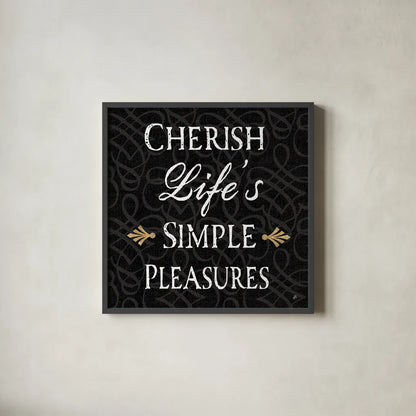 Inspirational Collage II on Black by Daphne Brissonnet. Shown in a sleek black glass frame for a contemporary gallery look. Available as an archival giclee rolled canvas, fine art paper, or poster print. SKU 28605a.