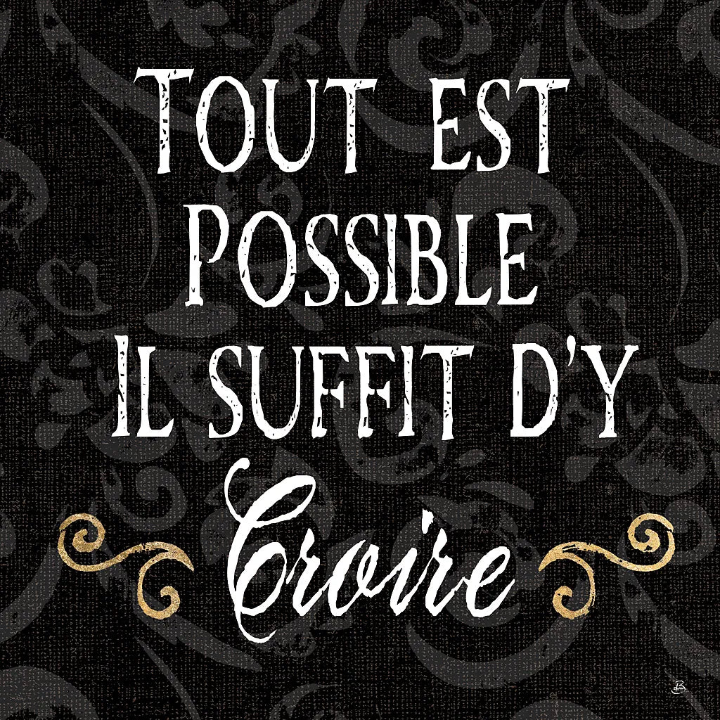 Inspirational Collage IV French on Black by Daphne Brissonnet. SKU 28849a. Archival Giclee Fine art print for wall decor.