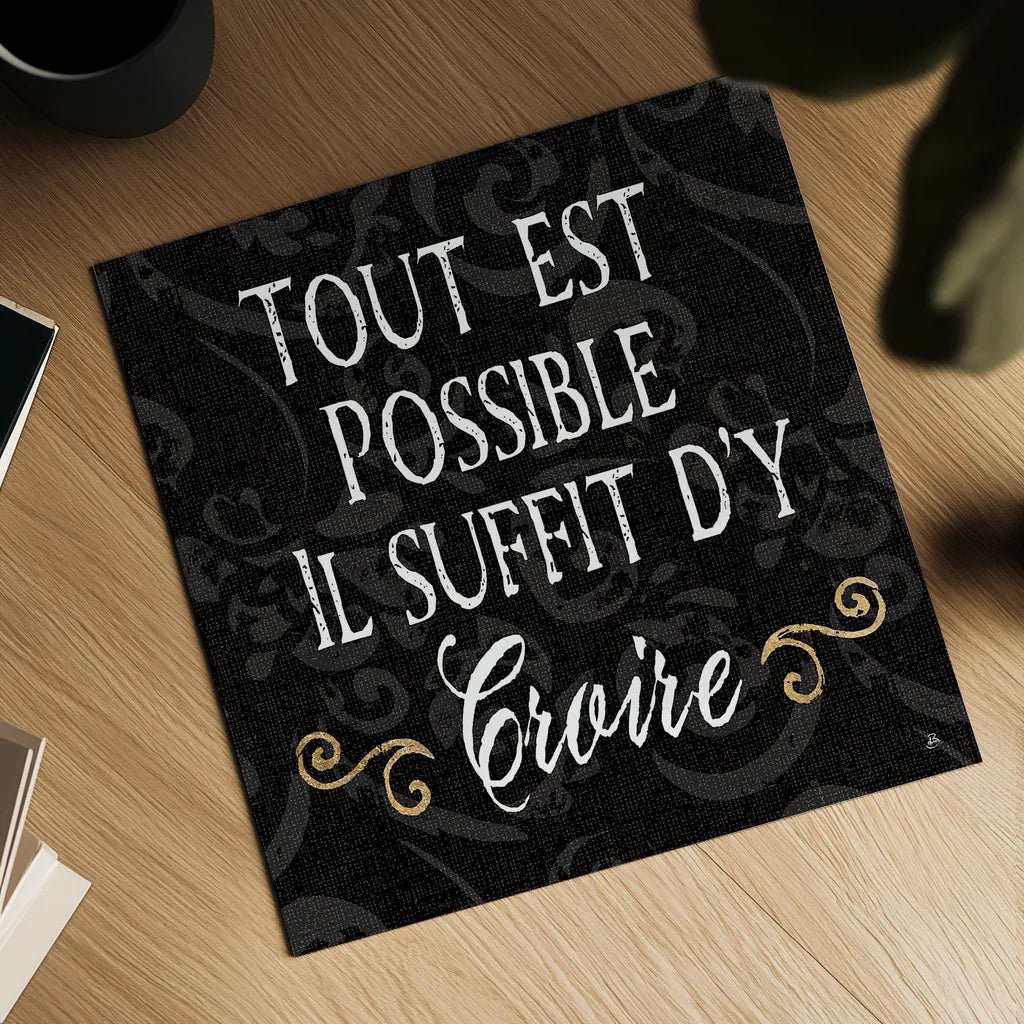 Inspirational Collage IV French on Black by Daphne Brissonnet. Shown as a detailed flat fine art print, highlighting archival giclee quality. Available as an archival giclee rolled canvas, fine art paper, or poster print. SKU 28849a.