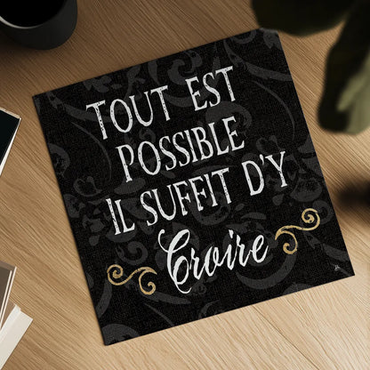 Inspirational Collage IV French on Black by Daphne Brissonnet. Shown as a detailed flat fine art print, highlighting archival giclee quality. Available as an archival giclee rolled canvas, fine art paper, or poster print. SKU 28849a.