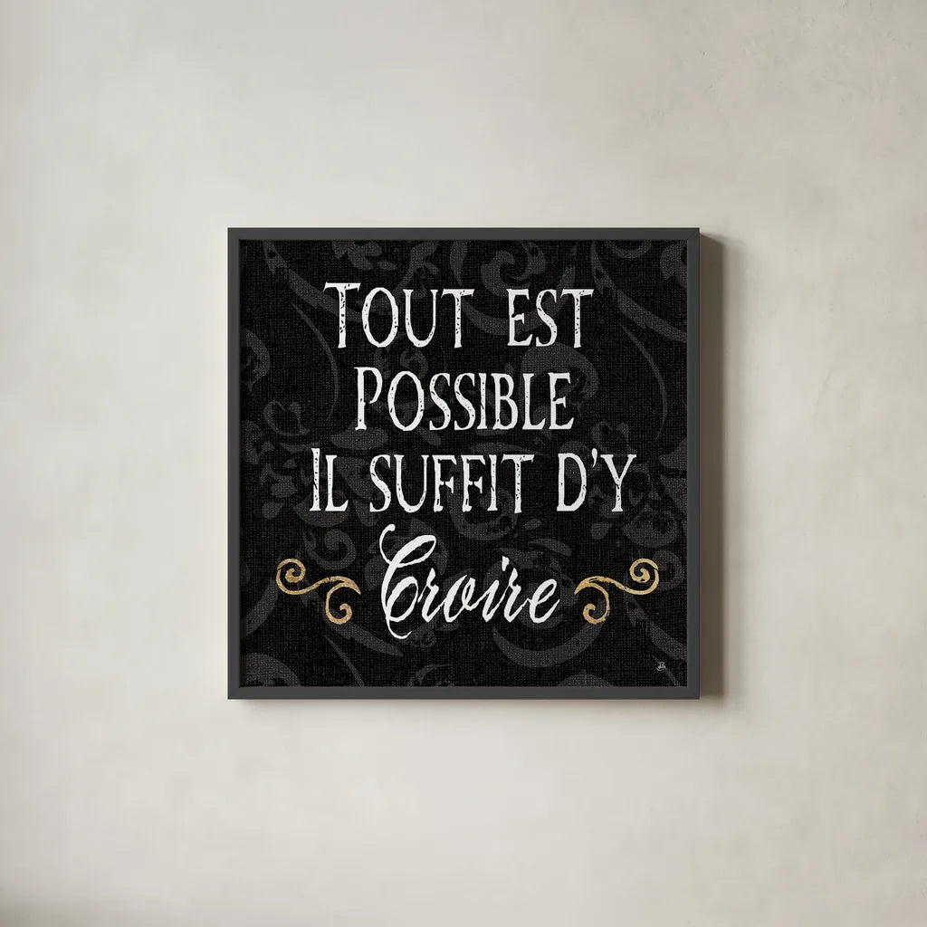 Inspirational Collage IV French on Black by Daphne Brissonnet. Shown in a sleek black glass frame for a contemporary gallery look. Available as an archival giclee rolled canvas, fine art paper, or poster print. SKU 28849a.