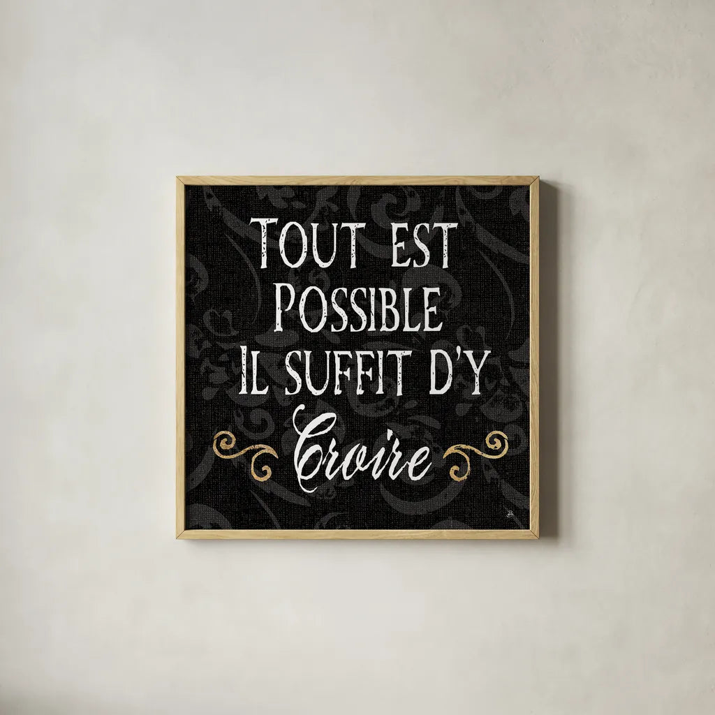 Inspirational Collage IV French on Black by Daphne Brissonnet. Shown in a natural wood glass frame for a timeless modern aesthetic. Available as an archival giclee rolled canvas, fine art paper, or poster print. SKU 28849a.