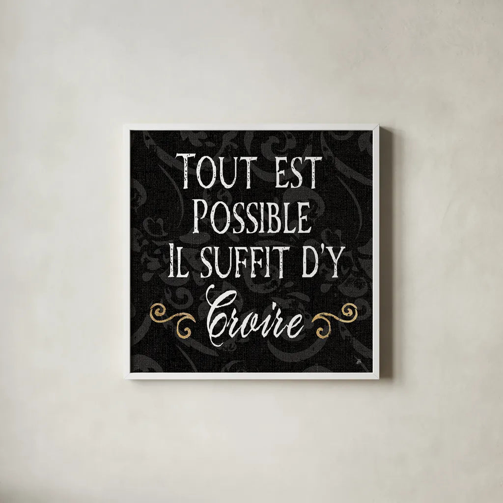 Inspirational Collage IV French on Black by Daphne Brissonnet. Shown in a crisp white glass frame for a clean and minimalist style. Available as an archival giclee rolled canvas, fine art paper, or poster print. SKU 28849a.