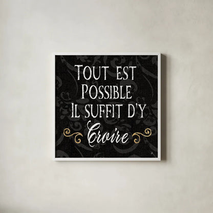 Inspirational Collage IV French on Black by Daphne Brissonnet. Shown in a crisp white glass frame for a clean and minimalist style. Available as an archival giclee rolled canvas, fine art paper, or poster print. SKU 28849a.