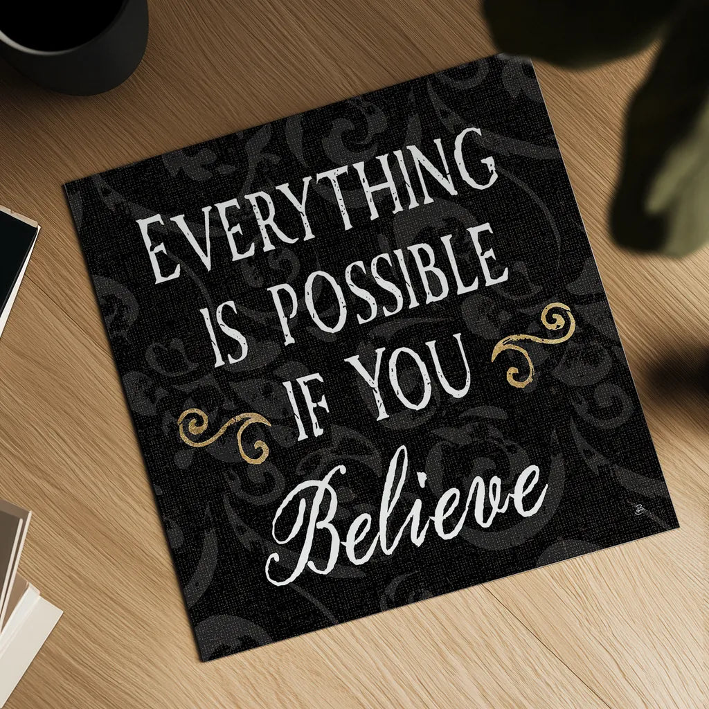 Inspirational Collage IV on Black by Daphne Brissonnet. Shown as a detailed flat fine art print, highlighting archival giclee quality. Available as an archival giclee rolled canvas, fine art paper, or poster print. SKU 28606a.