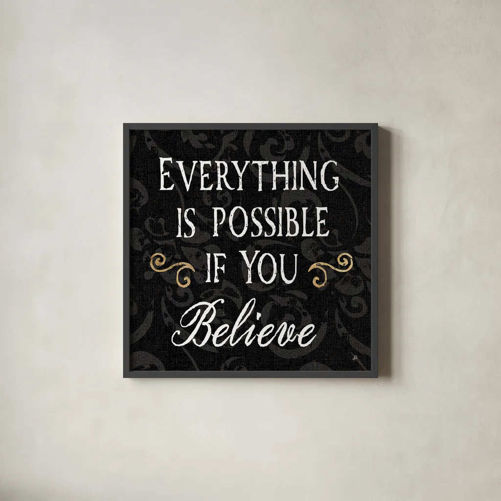 Inspirational Collage IV on Black by Daphne Brissonnet. Shown in a sleek black glass frame for a contemporary gallery look. Available as an archival giclee rolled canvas, fine art paper, or poster print. SKU 28606a.