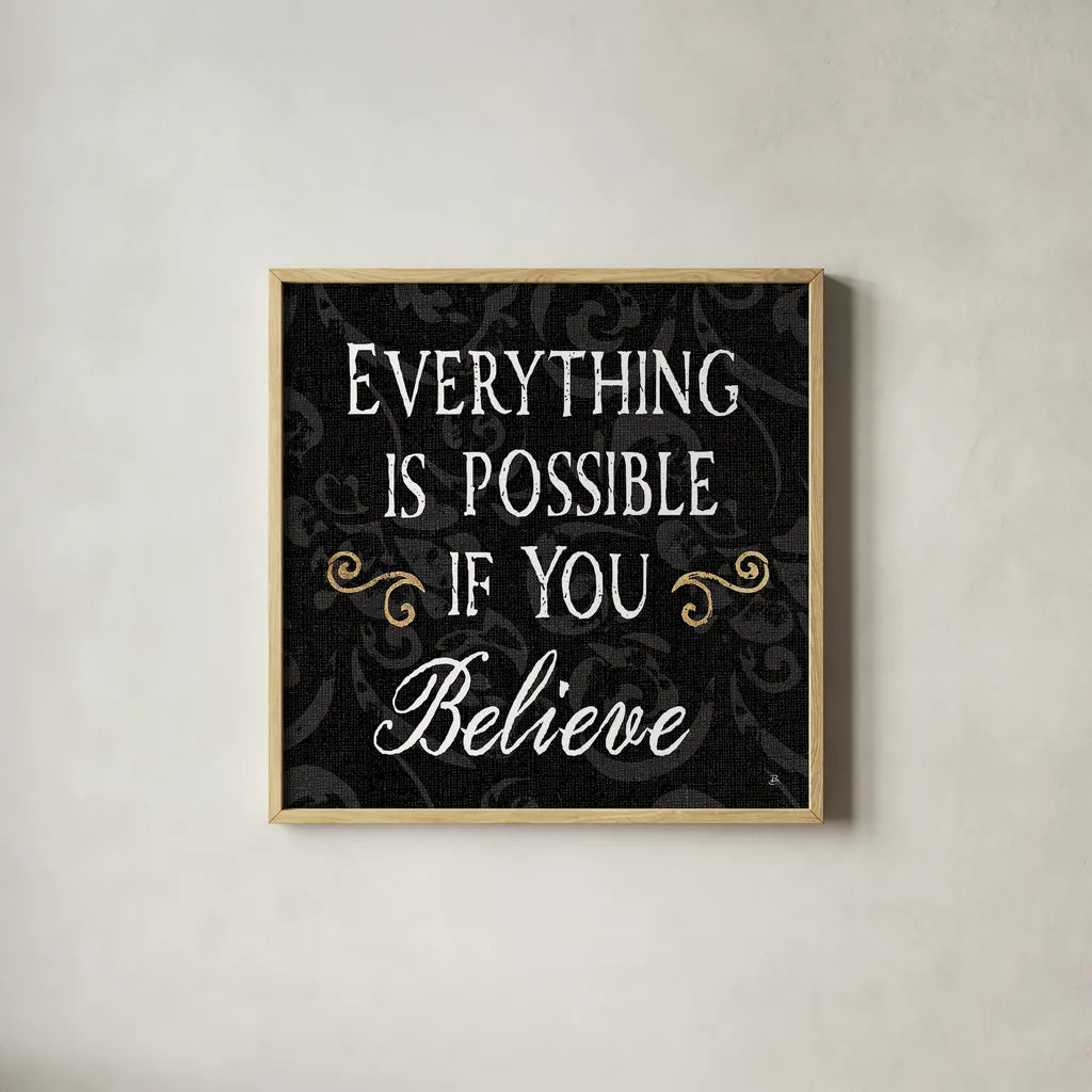 Inspirational Collage IV on Black by Daphne Brissonnet. Shown in a natural wood glass frame for a timeless modern aesthetic. Available as an archival giclee rolled canvas, fine art paper, or poster print. SKU 28606a.