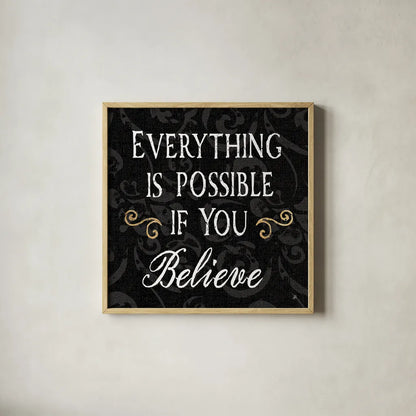 Inspirational Collage IV on Black by Daphne Brissonnet. Shown in a natural wood glass frame for a timeless modern aesthetic. Available as an archival giclee rolled canvas, fine art paper, or poster print. SKU 28606a.