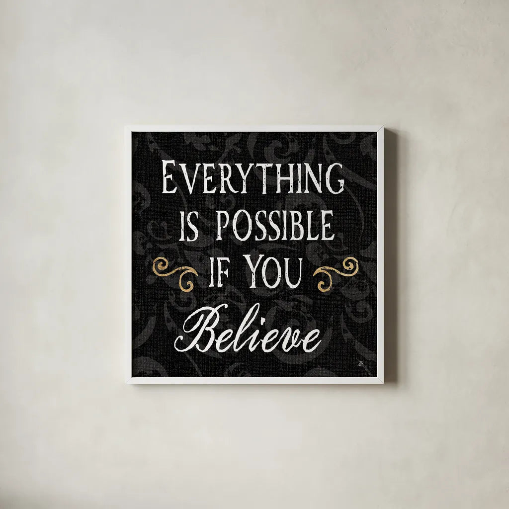 Inspirational Collage IV on Black by Daphne Brissonnet. Shown in a crisp white glass frame for a clean and minimalist style. Available as an archival giclee rolled canvas, fine art paper, or poster print. SKU 28606a.