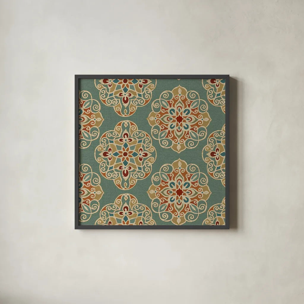 Kolam IE by Daphne Brissonnet. Shown in a sleek black glass frame for a contemporary gallery look. Available as an archival giclee rolled canvas, fine art paper, or poster print. SKU 24919a.