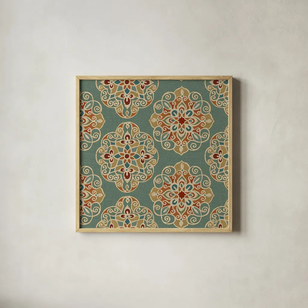 Kolam IE by Daphne Brissonnet. Shown in a natural wood glass frame for a timeless modern aesthetic. Available as an archival giclee rolled canvas, fine art paper, or poster print. SKU 24919a.
