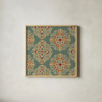 Kolam IE by Daphne Brissonnet. Shown in a natural wood glass frame for a timeless modern aesthetic. Available as an archival giclee rolled canvas, fine art paper, or poster print. SKU 24919a.